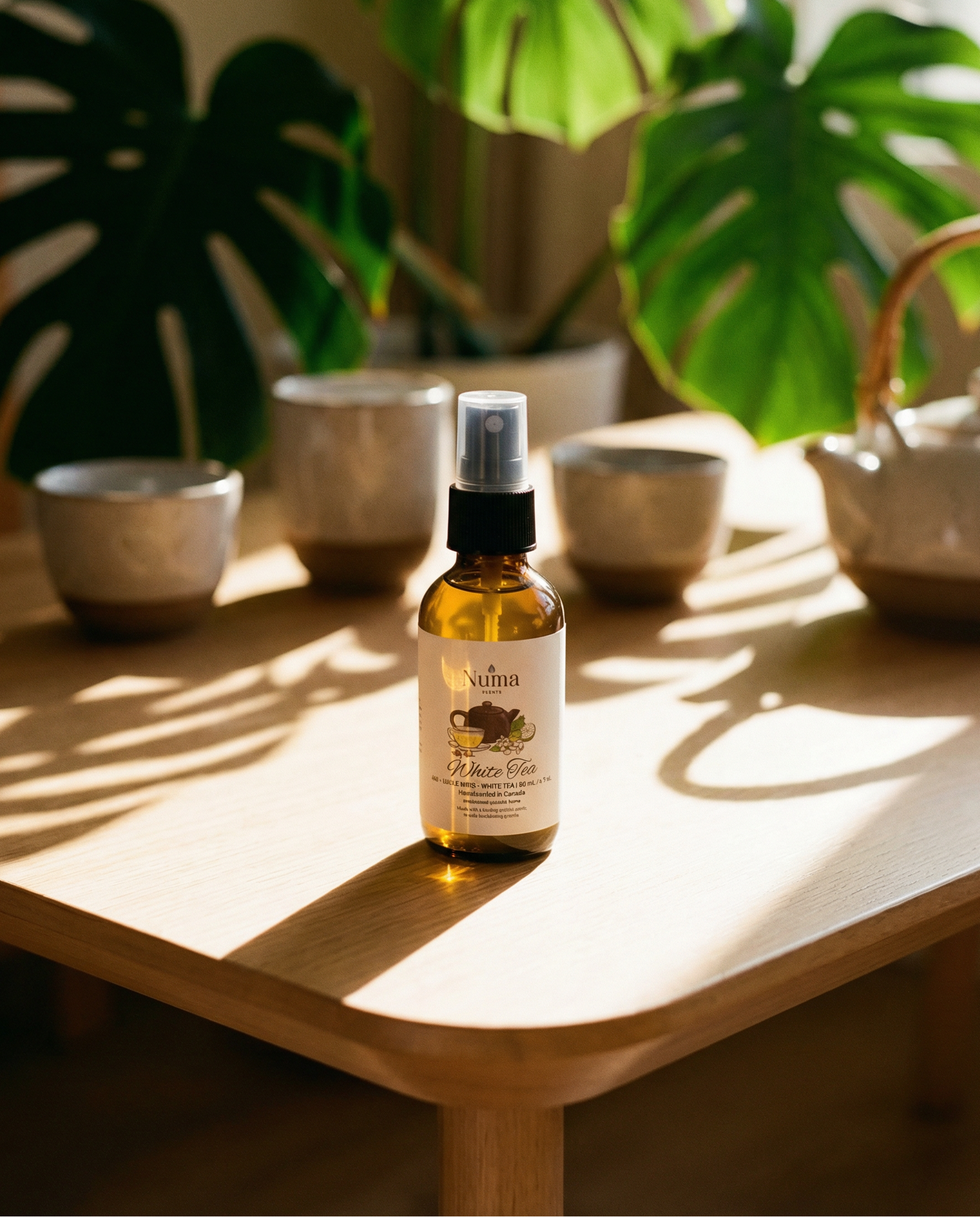 2 oz bottle of room spray/linen spray on a wooden table with tea cups in the back