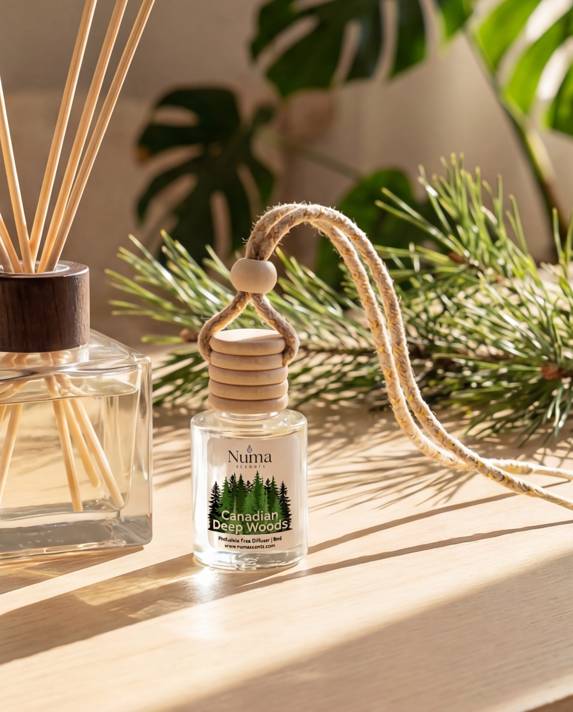 NumaScents Canadian Deep Woods car diffuser bottle with wooden cap and strap on a wooden surface with plants in the background