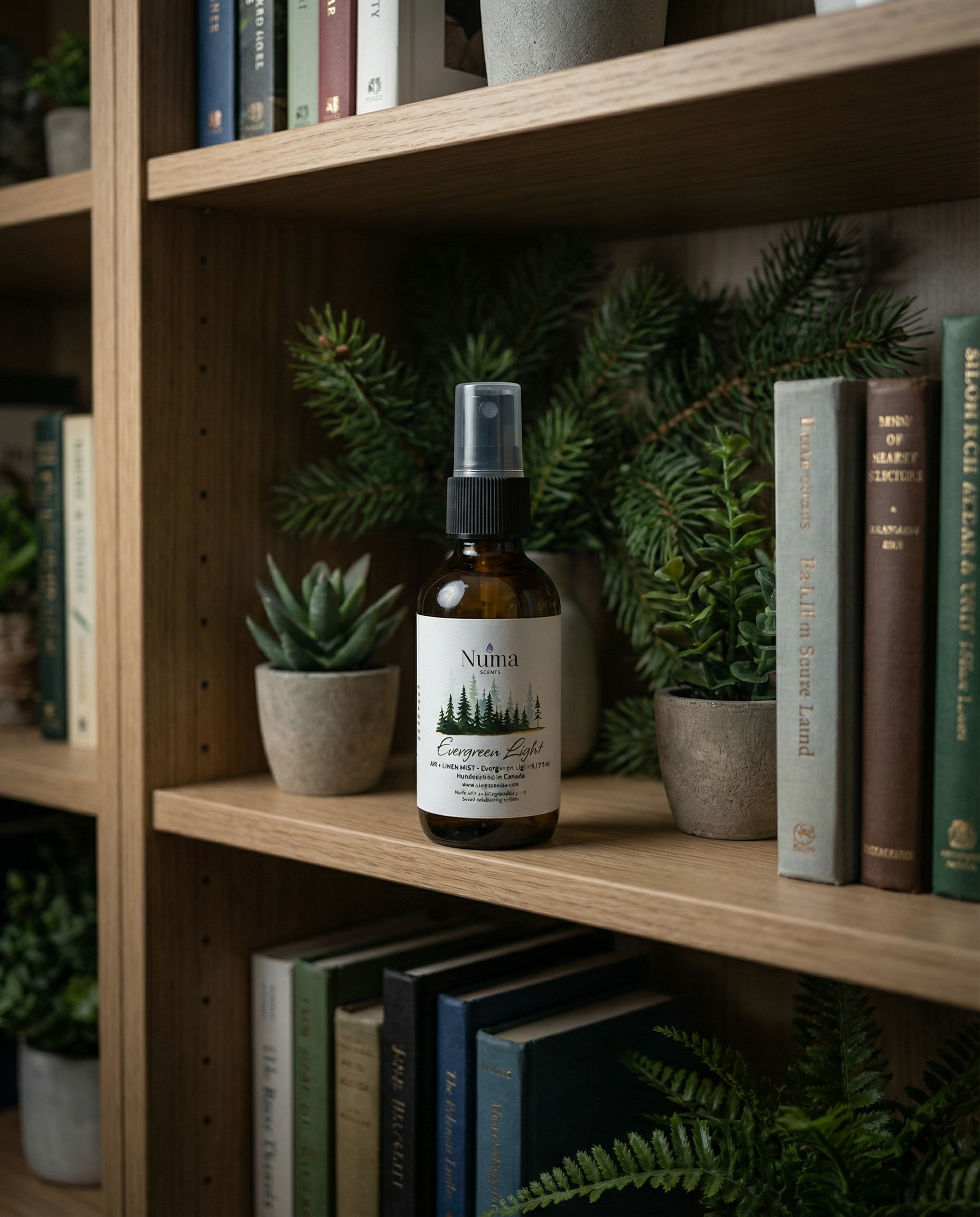 Evergreen scented Room/Linen Spray on bookshelf