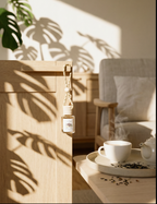 Café setting with a cup of coffee, teapot, white tea car diffuser and tray on a wooden table with plant shadows.