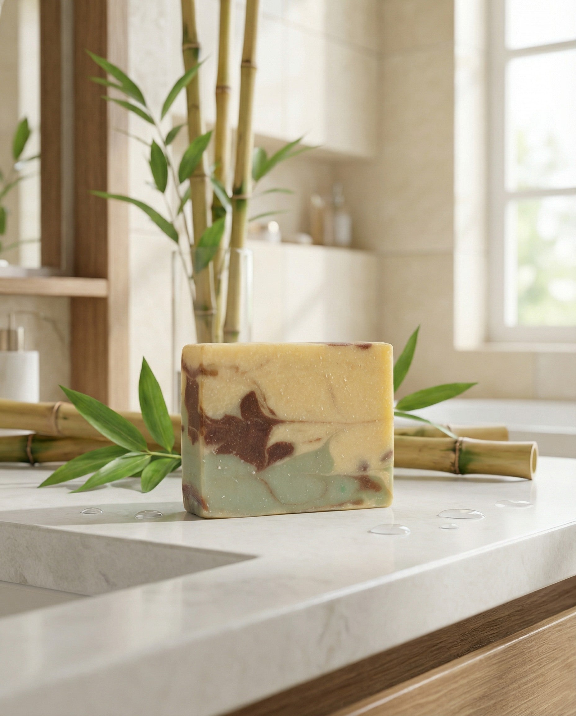 Bar of soap on a marble countertop with bamboo elements