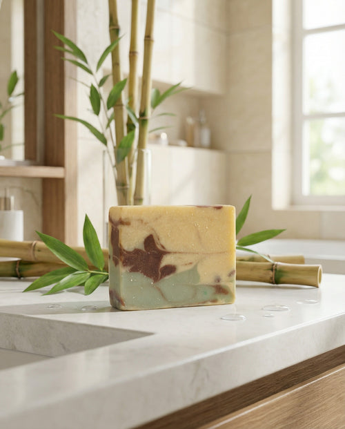Bar of soap on a marble countertop with bamboo elements