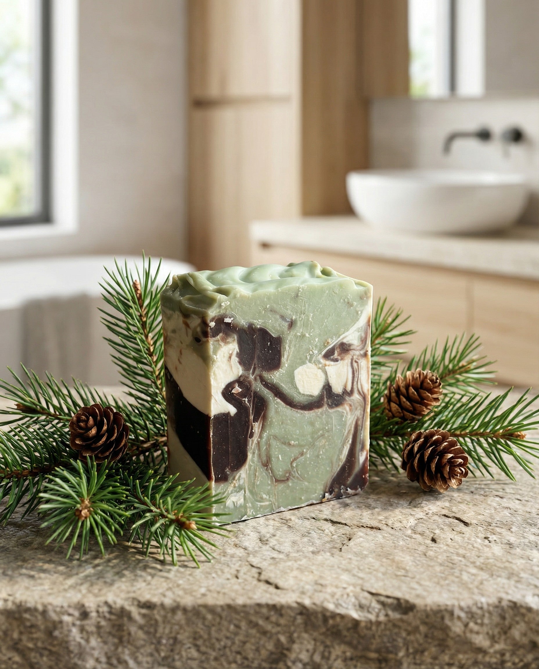 Handcrafted pine scented soap with reindeer design on a stone surface with pine branches and cones.