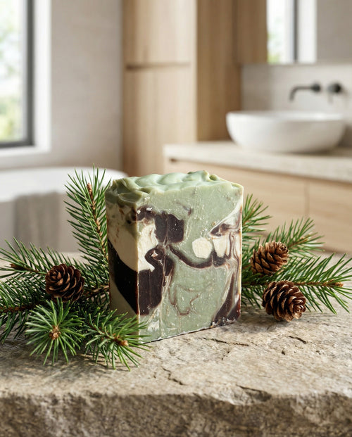 Handcrafted pine scented soap with reindeer design on a stone surface with pine branches and cones.