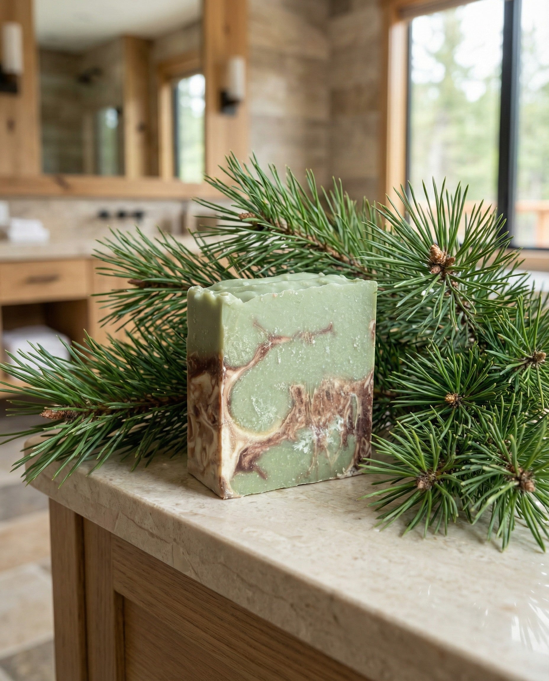 Green soap bar with brown marbling on a kitchen counter with pine branches