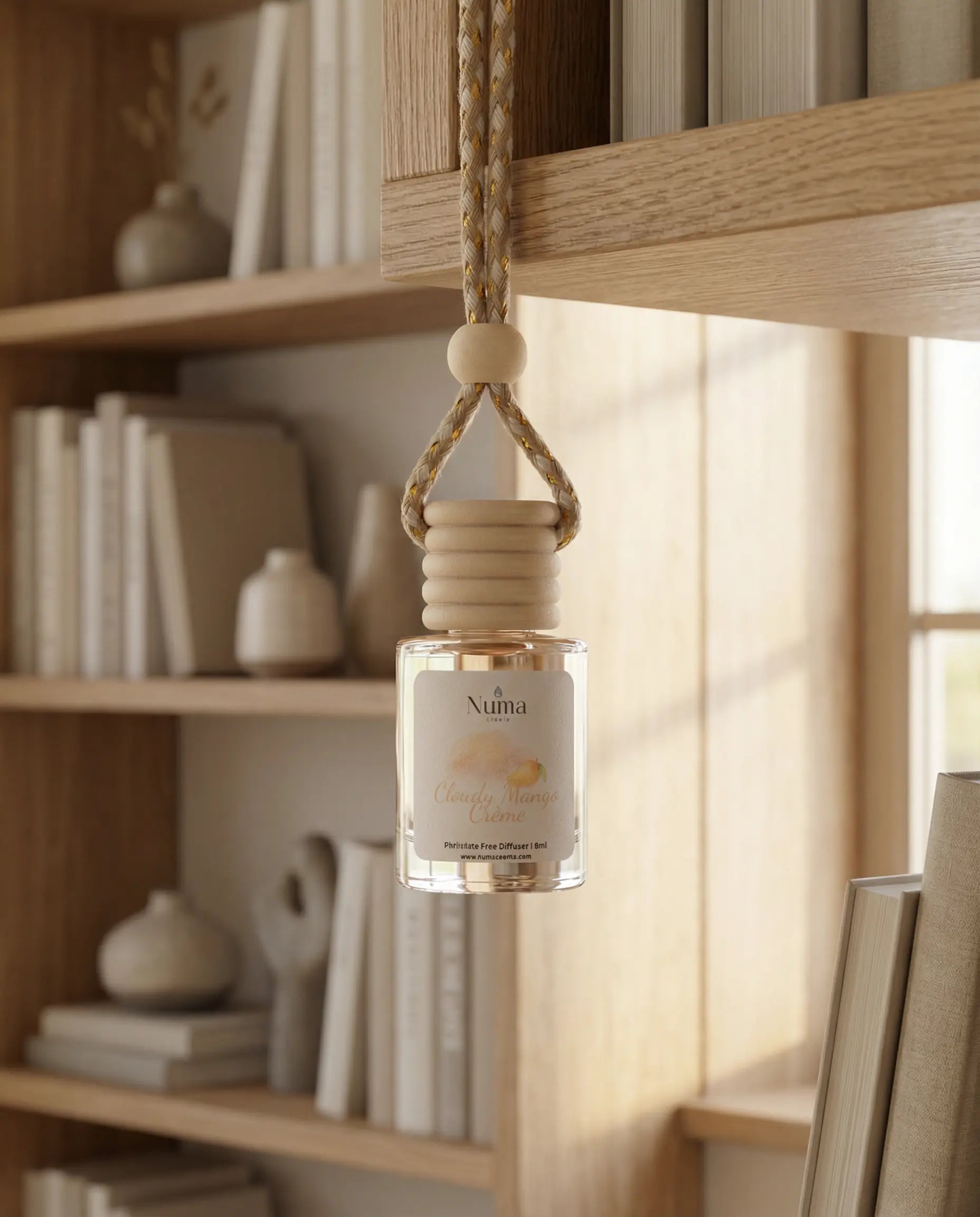 Nuna diffuser hanging from a wooden shelf with books and decor in the background