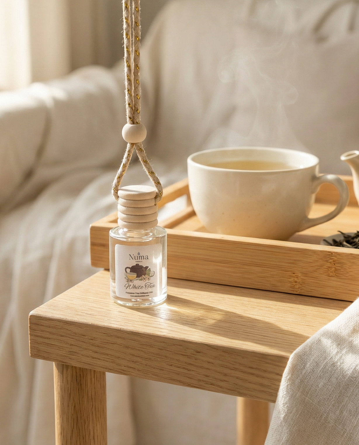 Car Diffuser air freshener called White Tea from Numascents hanging off a shelf