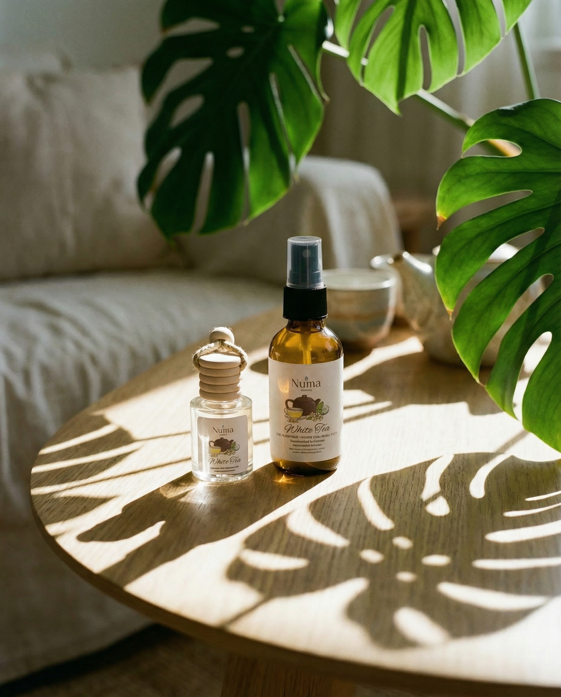 White tea Car diffuser and room spray bundle on wooden table with sunlight and couch in the background 